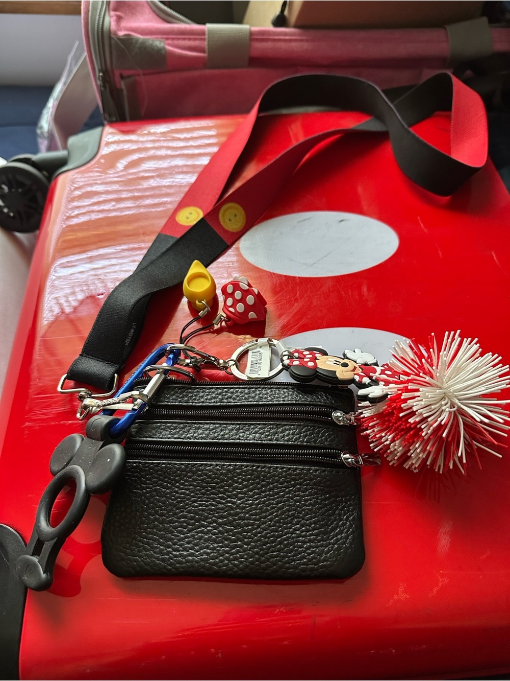 Black Mini Zip Pouch with Red Pom Keychain